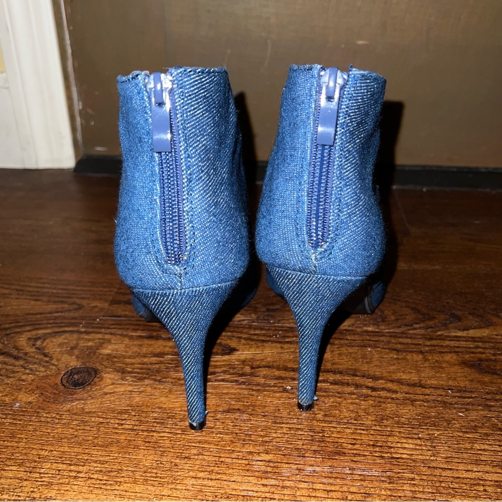 Blue Denim Floral Rose Embroidered Stiletto Heel Y2K Fashion Ankle Boots Size 9 - Picture 8 of 12